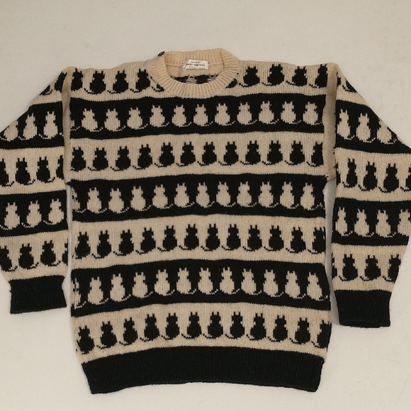 Handmade Sweaters - Handknit Sweater Cats Black & Cream Graphic English Wool Crew Pullover 36" Chest
